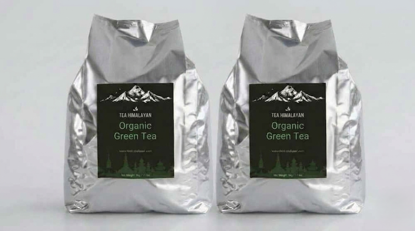 Two silver foil bags of Tea Himalayan Organic Green Tea standing side by side against a light gray background.