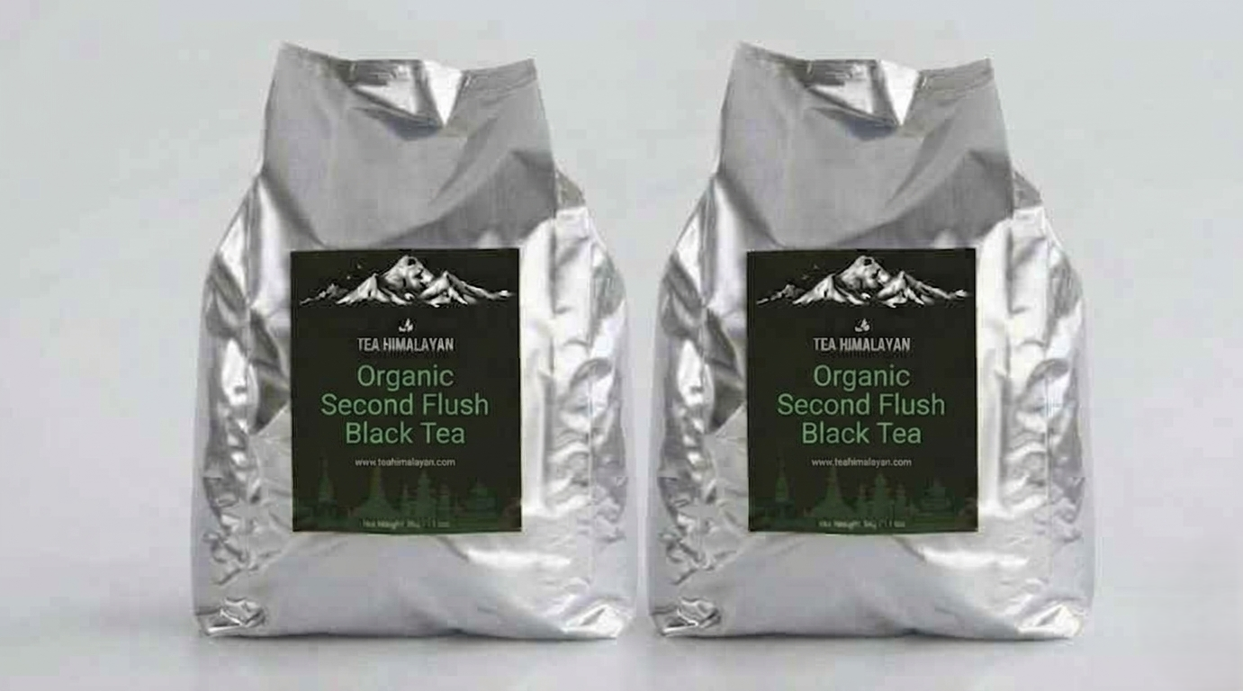 Two silver foil bags of Tea Himalayan Organic Second Flush Black Tea, displayed side-by-side against a light gray background.