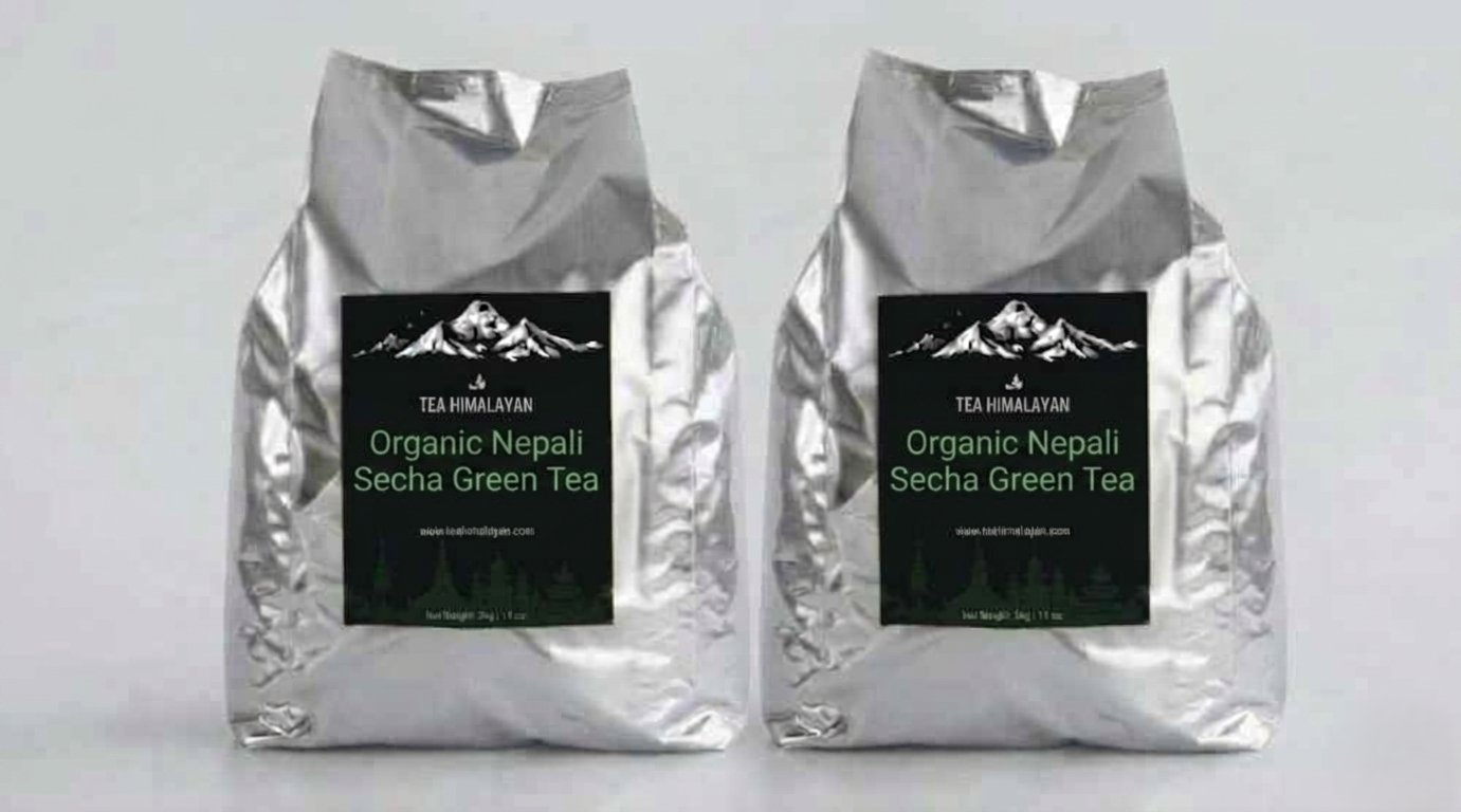 Two silver foil bags of Tea Himalayan Organic Nepali Secha Green Tea, displayed side-by-side against a light gray background.