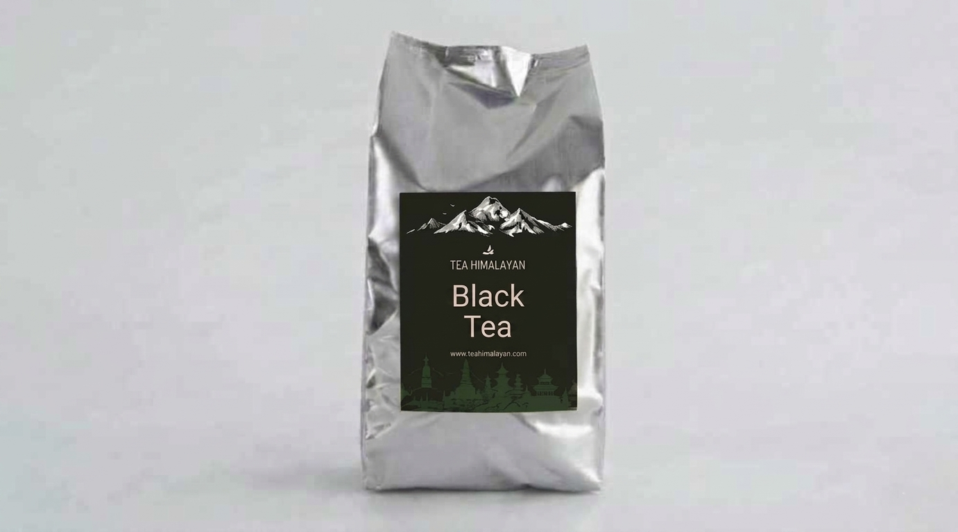 A silver foil bag of Tea Himalayan Black Tea, featuring a black label with white text and a mountain graphic, set against a plain light gray background.