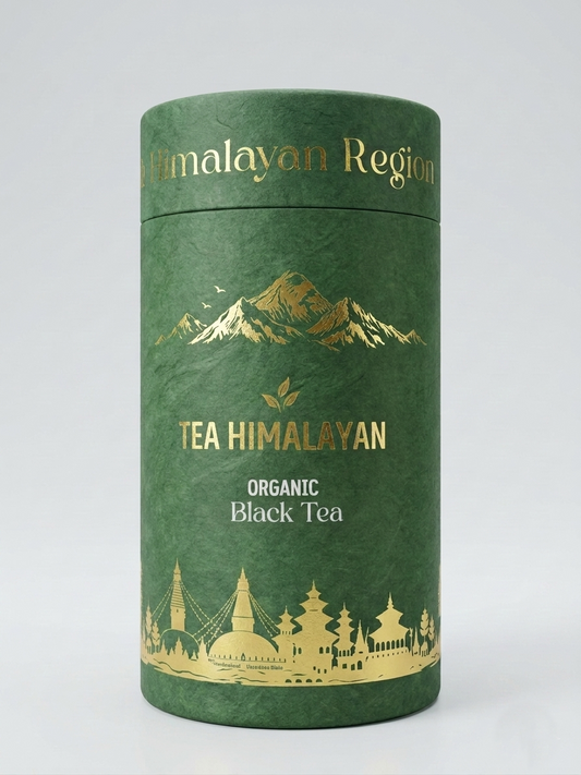 A cylindrical green tea canister with gold foil text reading 'TEA HIMALAYAN' and 'ORGANIC Snow White Tea', plus mountain and architectural illustrations, photographed on a light gray studio background.