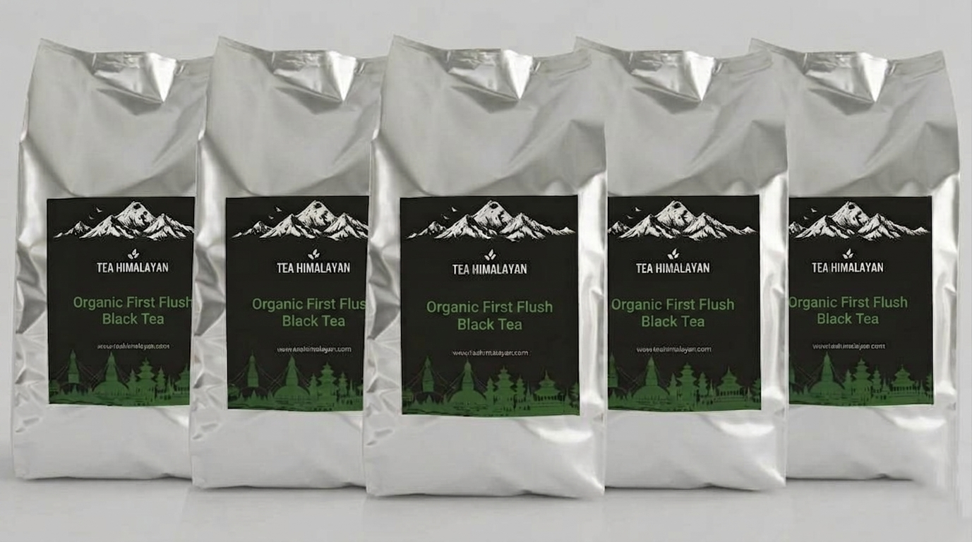 Five silver bags of Tea Himalayan Organic First Flush Black Tea arranged in a row against a light gray background.