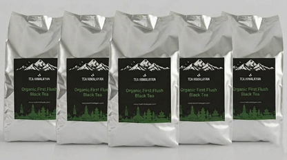 Five silver bags of Tea Himalayan Organic First Flush Black Tea arranged in a row against a light gray background.