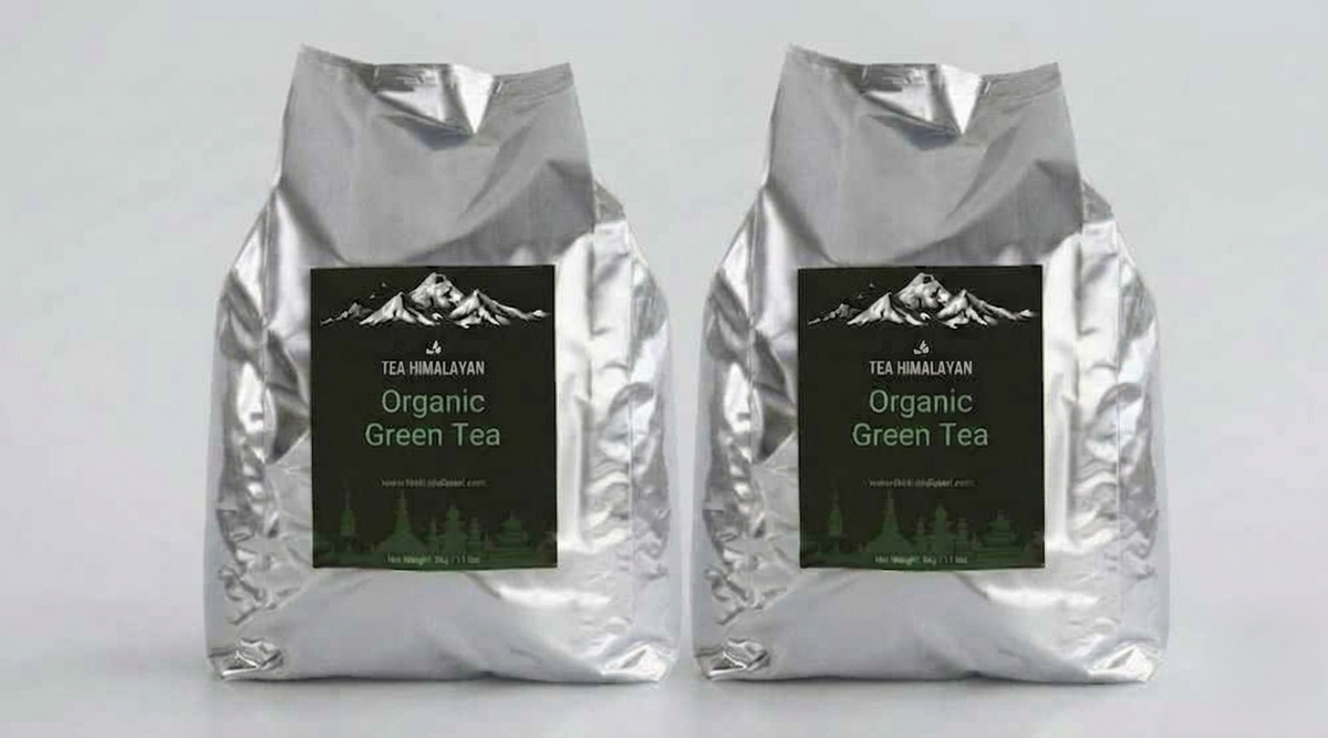 Two silver foil bags of Tea Himalayan Organic Green Tea standing side by side against a light gray background.