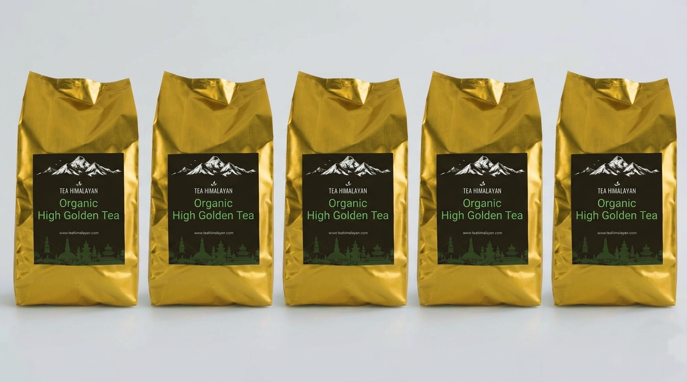 Five gold foil bags of Tea Mountain Organic High Golden Tea arranged in a row on a light gray background.