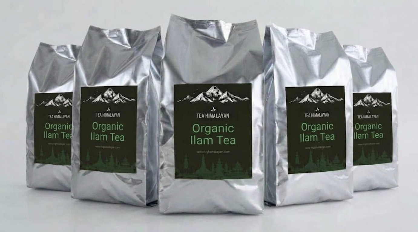 Five silver bags of Tea Himalayan Organic Ilam Tea arranged in a row against a light gray background.