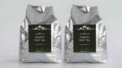 Two silver foil bags of Tea Himalayan Organic Ilam Tea with black label, set against a plain light gray background.