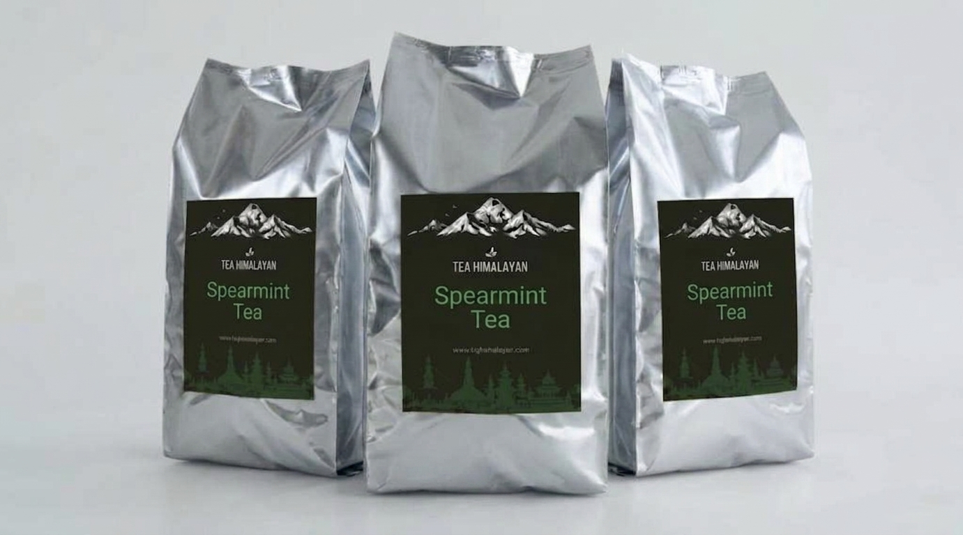 Three silver foil bags of Tea Himalayan Spearmint Tea arranged side by side on a light gray background.