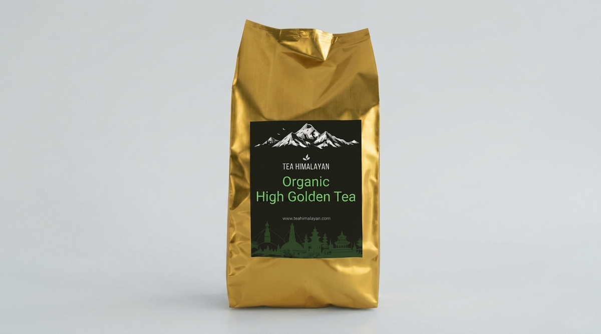 A gold foil bag of Tea Himalayan Organic High Golden Tea, featuring a black label with a mountain graphic, set against a light gray background.