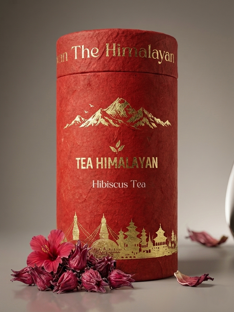 A cylindrical red tea tin labeled 'The Himalayan' and 'TEA HIMALAYAN Hibiscus Tea' with gold mountain and temple illustrations, styled with dried hibiscus flowers on a neutral gray background.