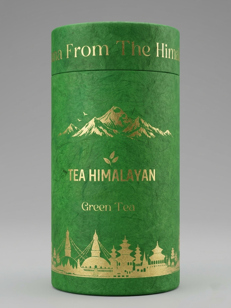 A green cylindrical tea tin with gold foil mountain, leaf, and architectural illustrations, labeled 'TEA HIMALAYAN' and 'Green Tea' on a neutral gray background.