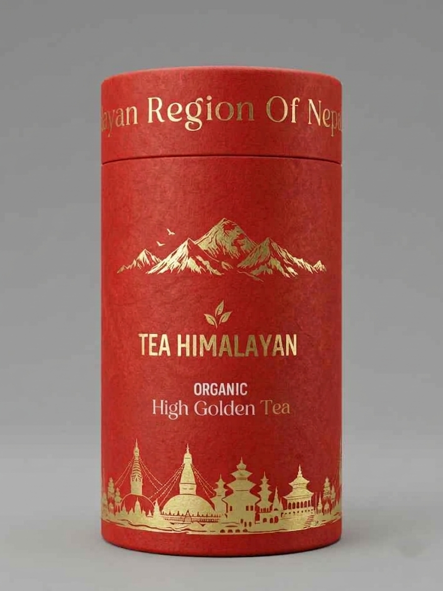 A cylindrical red tea tin with gold foil text reading 'TEA HIMALAYAN' and 'ORGANIC High Golden Tea,' plus gold mountain and architectural illustrations, photographed on a neutral gray background.