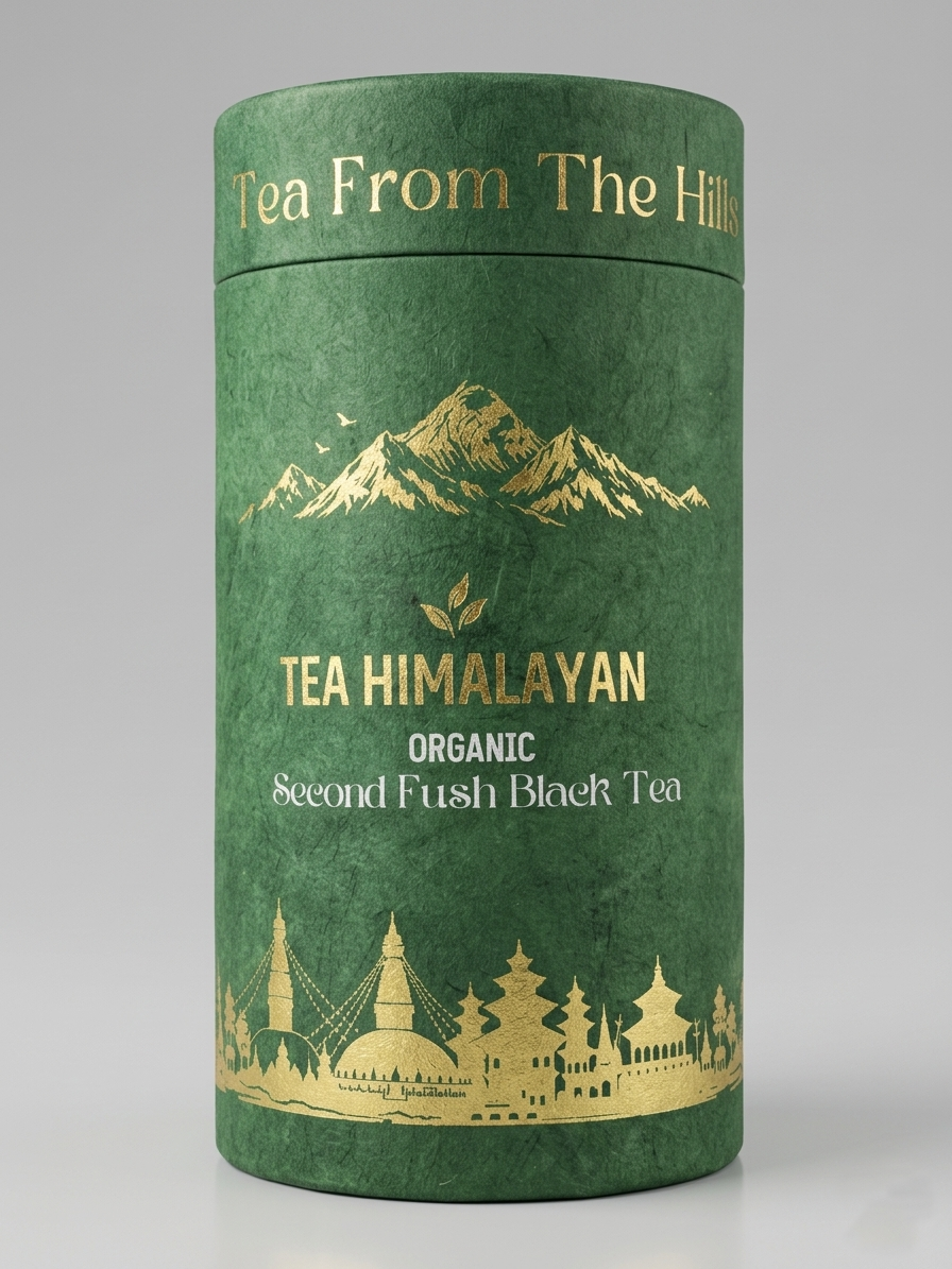 A cylindrical green tea tin with gold foil mountain graphics and the text 'Tea From The Hills' and 'TEA HIMALAYAN ORGANIC Second Flush Black Tea' on a light gray studio background.