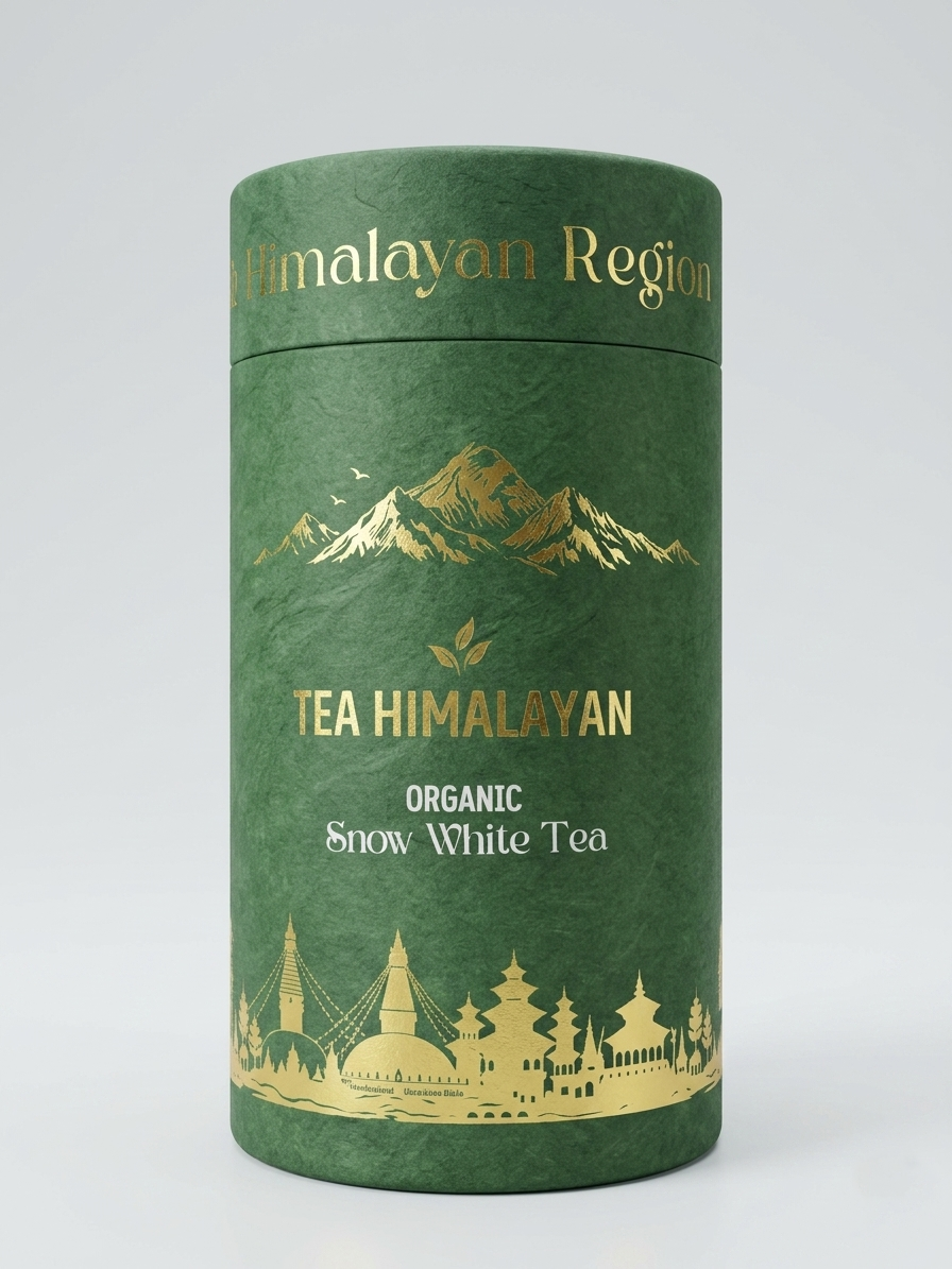 A cylindrical green tea canister with gold foil text reading 'TEA HIMALAYAN' and 'ORGANIC Snow White Tea', plus mountain and architectural illustrations, photographed on a light gray studio background.