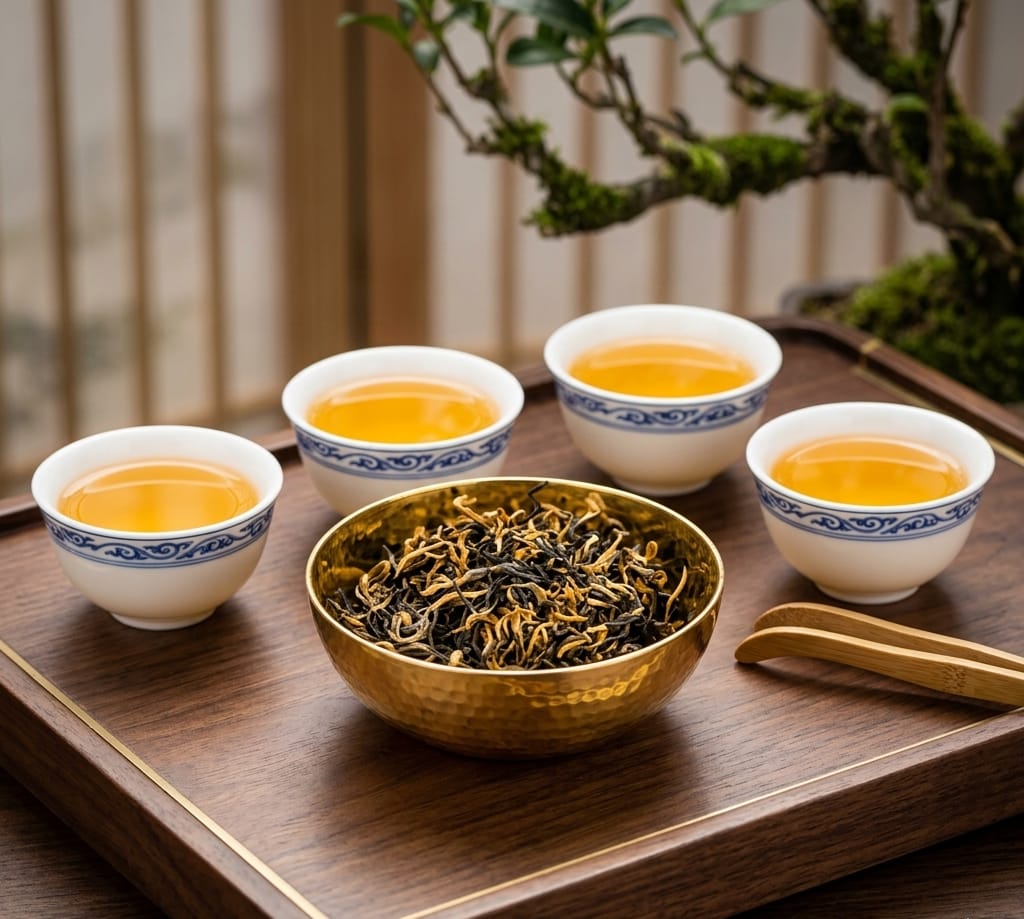 A set of four small white ceramic tea cups with blue patterns, filled with golden tea, arranged around a hammered gold bowl of loose-leaf tea on a wooden tray, with gold-teamed tweezers nearby.