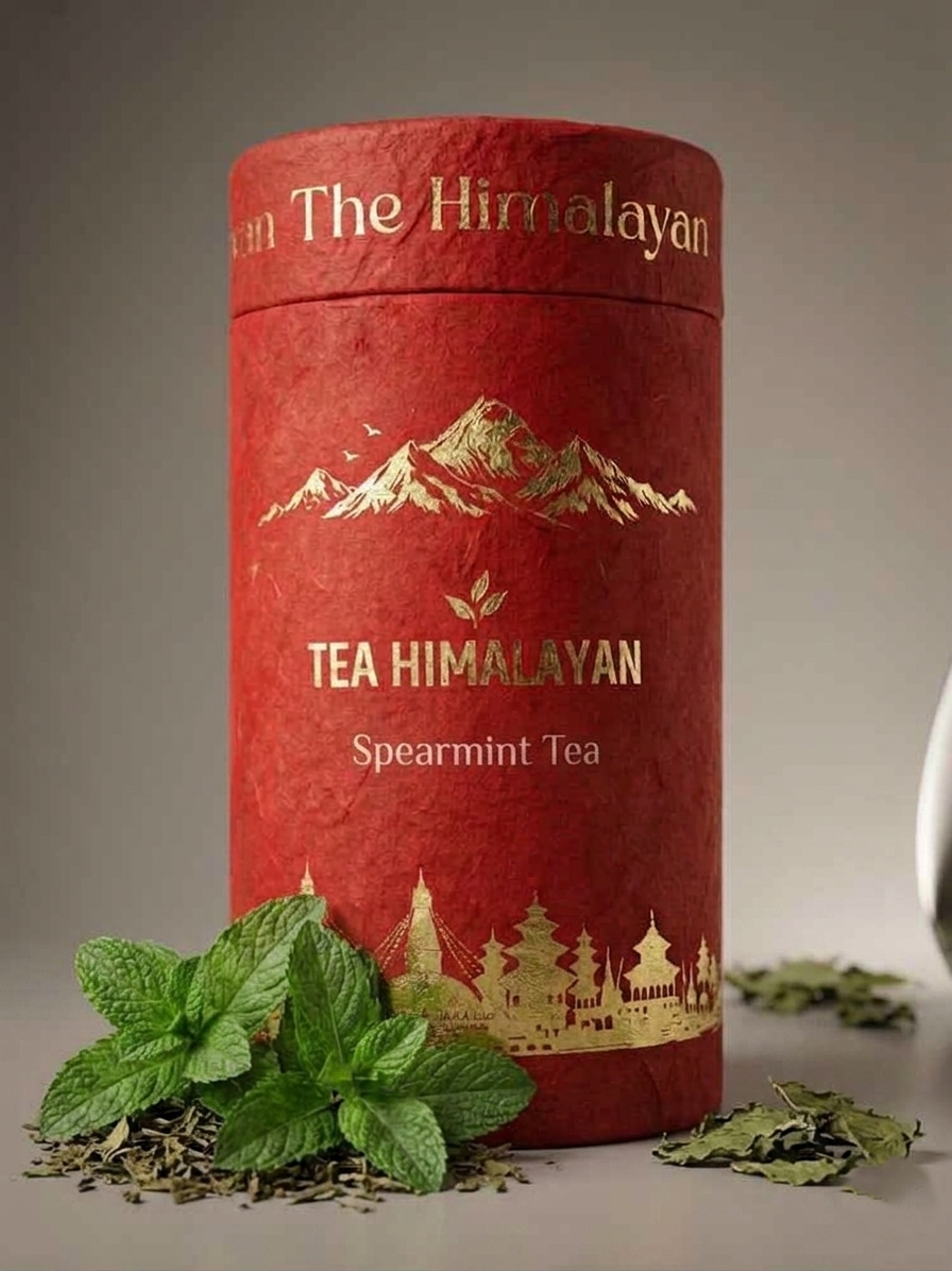 A red cylindrical tin of Tea Himalayan Spearmint Tea with gold foil mountain and temple illustrations, styled with fresh green mint leaves and loose tea leaves on a neutral gray background.